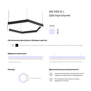 Фото Светодиодный фигурный светильник MS-HEX-O Шестиугольник 6x250mm 30W 3000/4000/6000К